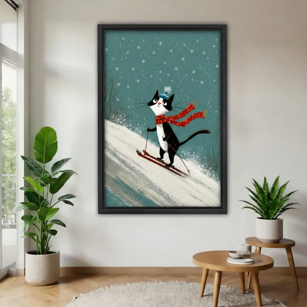 Skiing tuxedo cat framed canvas wall art hanging in minimalist living room with plants