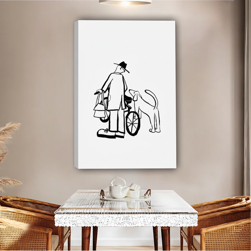 Elderly Man and Dog Shopping Art Print - Minimalist Line Drawing|Liberty Signs #L517