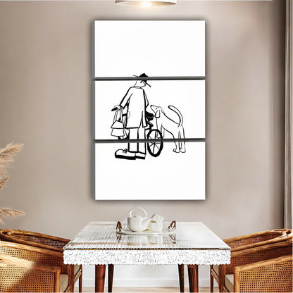 Elderly Man and Dog Shopping Art Print - Minimalist Line Drawing|Liberty Signs #L517