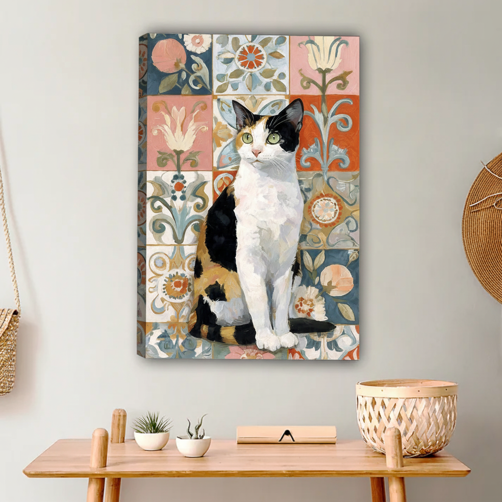 Boho Cat on Decorative Tiles Canvas Print - Modern Farmhouse Decor|Liberty Signs #L655