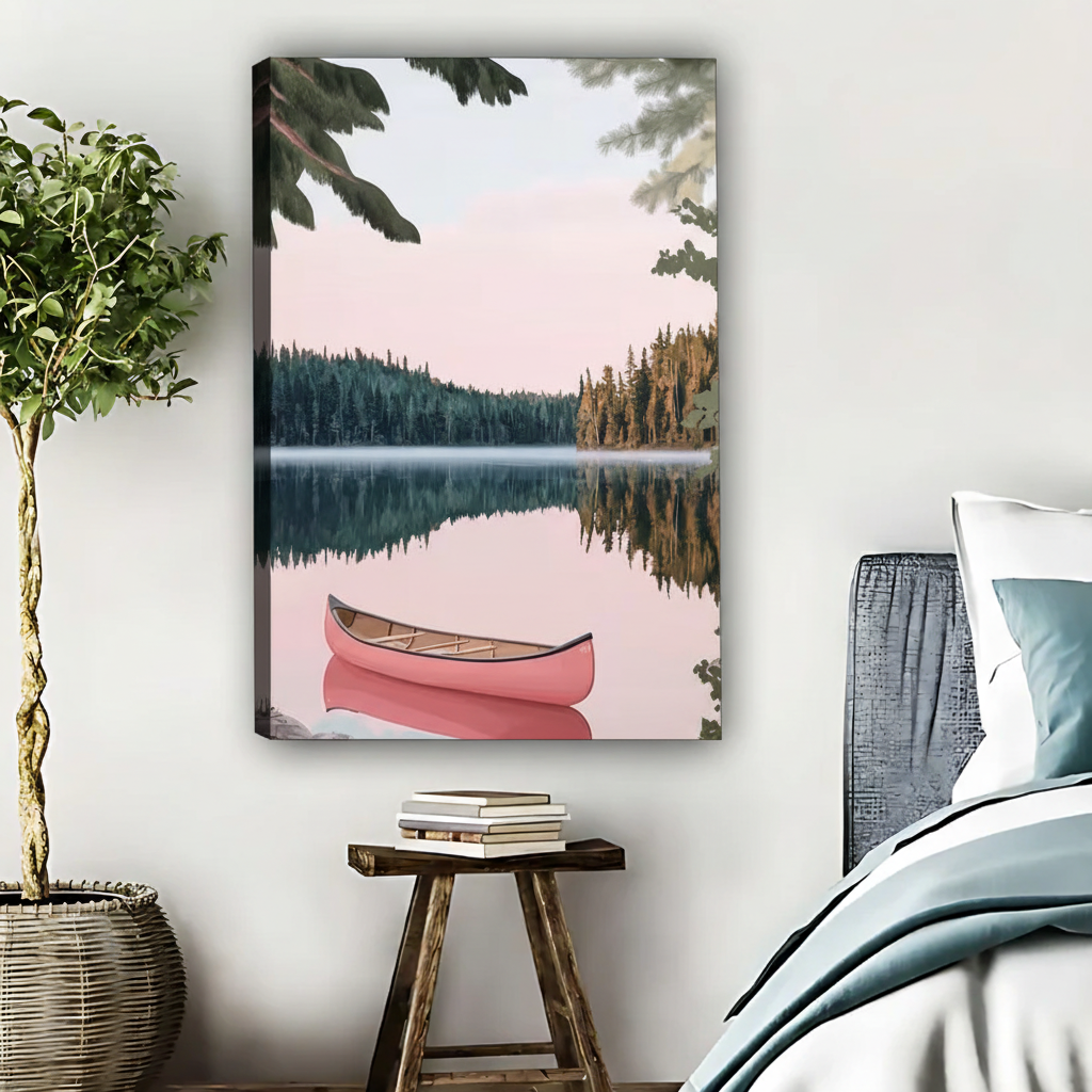 Pink Canoe Lake Art Print - Serene Nature Wall Decor|Liberty Signs #L491
