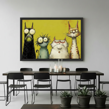 Quirky funny cats wall art print — four expressive cartoon cats on yellow background, ideal for eclectic home decor