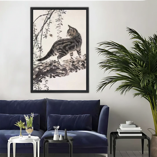 Vintage Cat on Branch — Asian Ink Brush Wall Art Print| Liberty Signs#L946