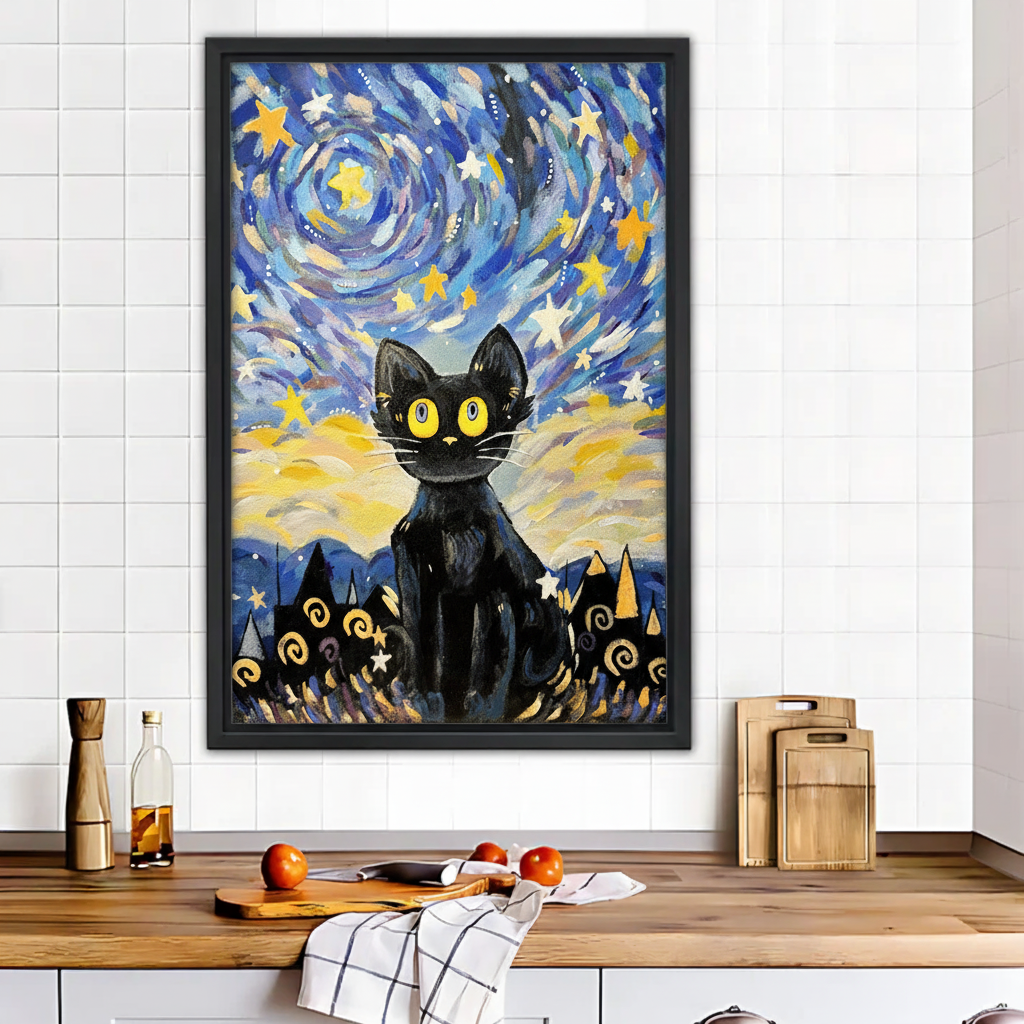 Van Gogh Inspired Starry Night Black Cat Wall Art | Whimsical Cat Painting|Liberty Signs #L550