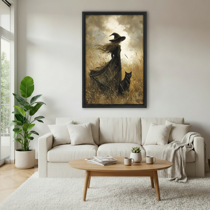Dark witch black cat canvas print in cozy bedroom with sage green walls — moody gothic wall art