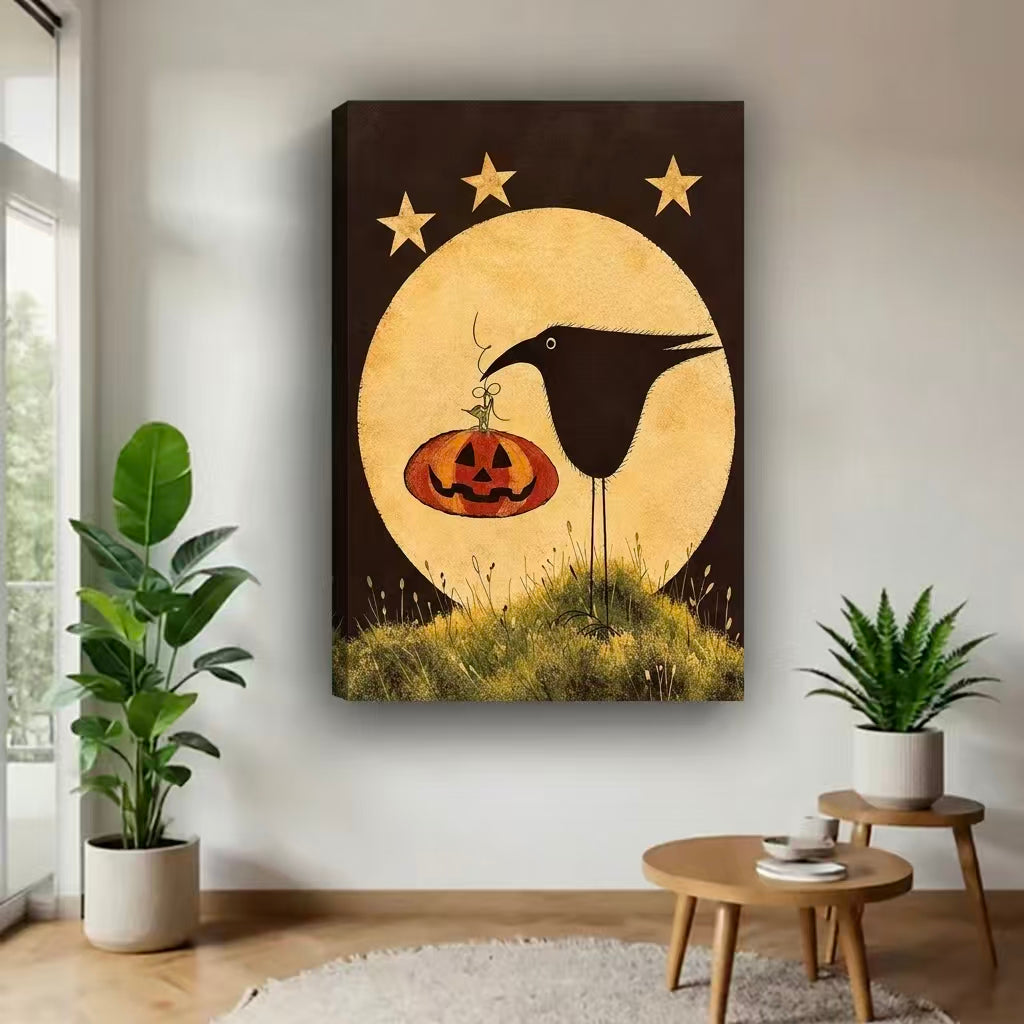 Moonlit Pumpkin Crow Canvas Wall Art L6232