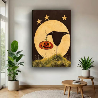 Moonlit Pumpkin Crow Canvas Wall Art L6232