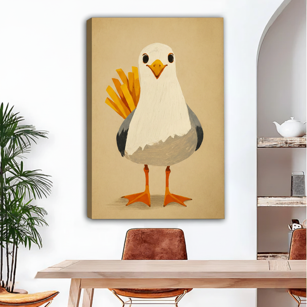 Seagull holding french fries canvas wall art no frame gallery wrap in dining room, humorous coastal bird print for eclectic home decor