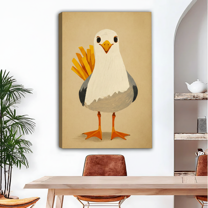 Seagull holding french fries canvas wall art no frame gallery wrap in dining room, humorous coastal bird print for eclectic home decor