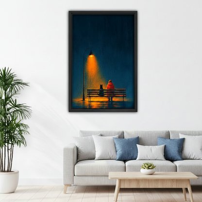 Moody night cat bench framed canvas wall art in bedroom, black frame, atmospheric dark teal painting with soft streetlamp glow, cozy bedroom wall decor above bed