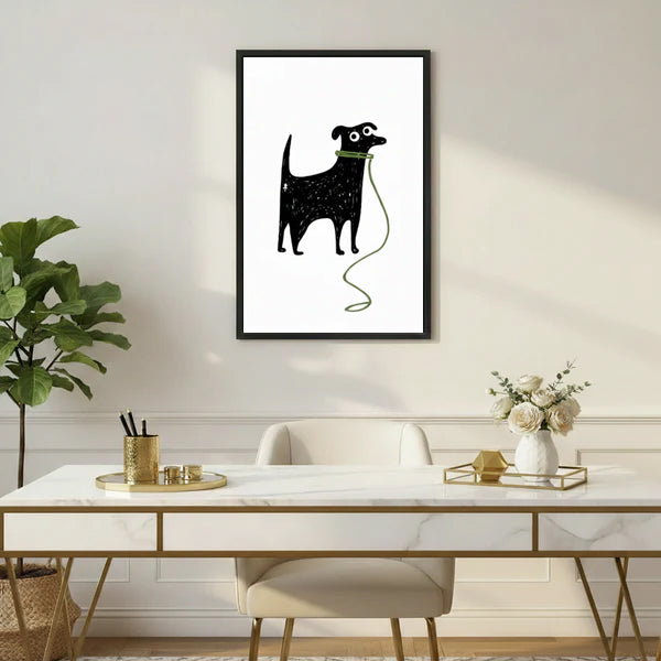 Minimalist black dog illustration framed canvas wall art hanging above a marble desk in a modern home office