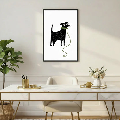 Minimalist black dog illustration framed canvas wall art hanging above a marble desk in a modern home office