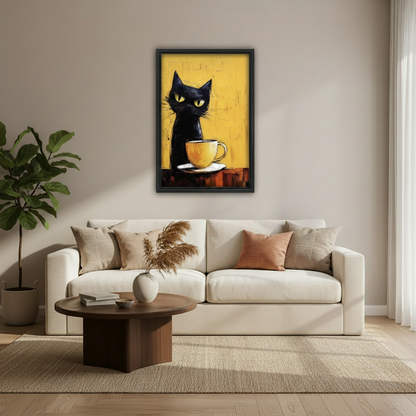 Black cat coffee cup oil painting wall art in dining room, moody yellow expressionist canvas
