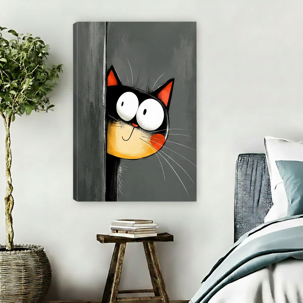 Funny peeking black cat canvas art no frame, gray door, bedroom wall decor