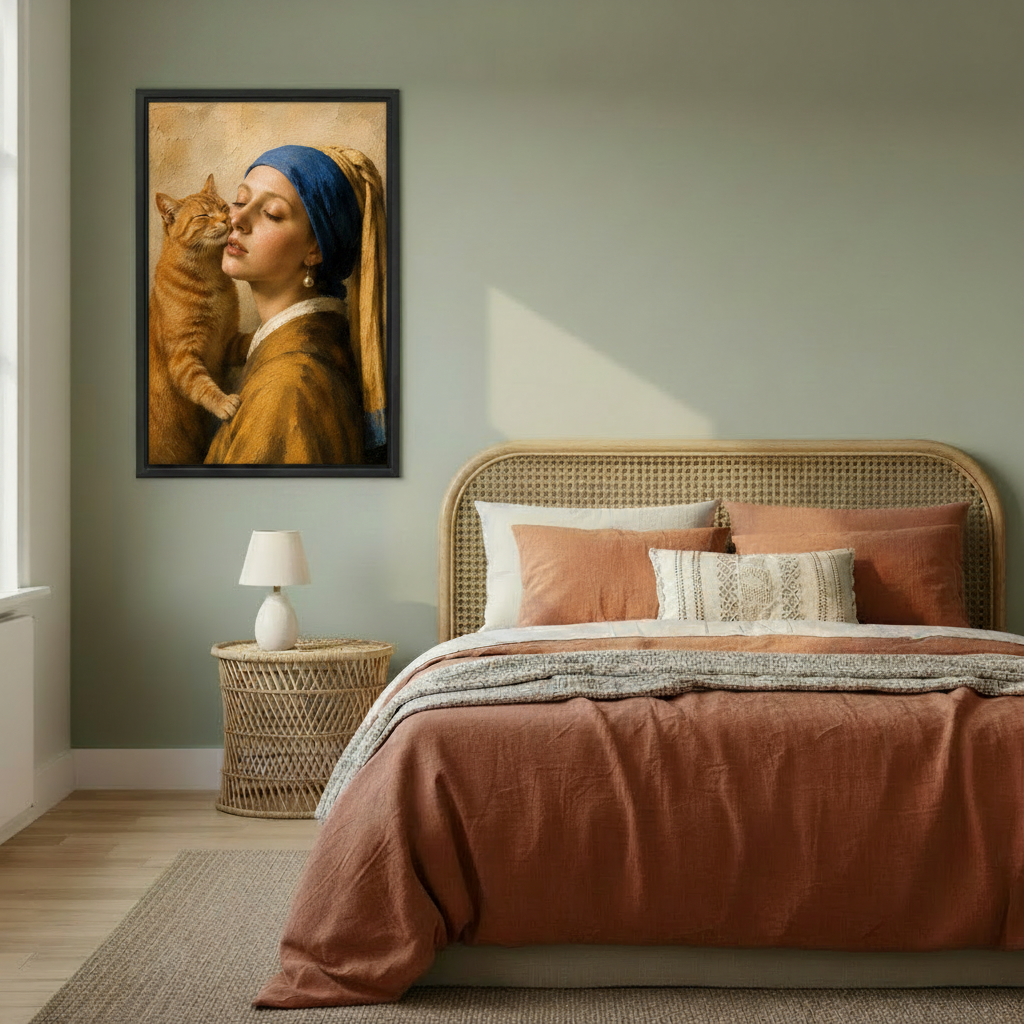 Romantic Vermeer girl with orange cat in black frame displayed above bedroom headboard
