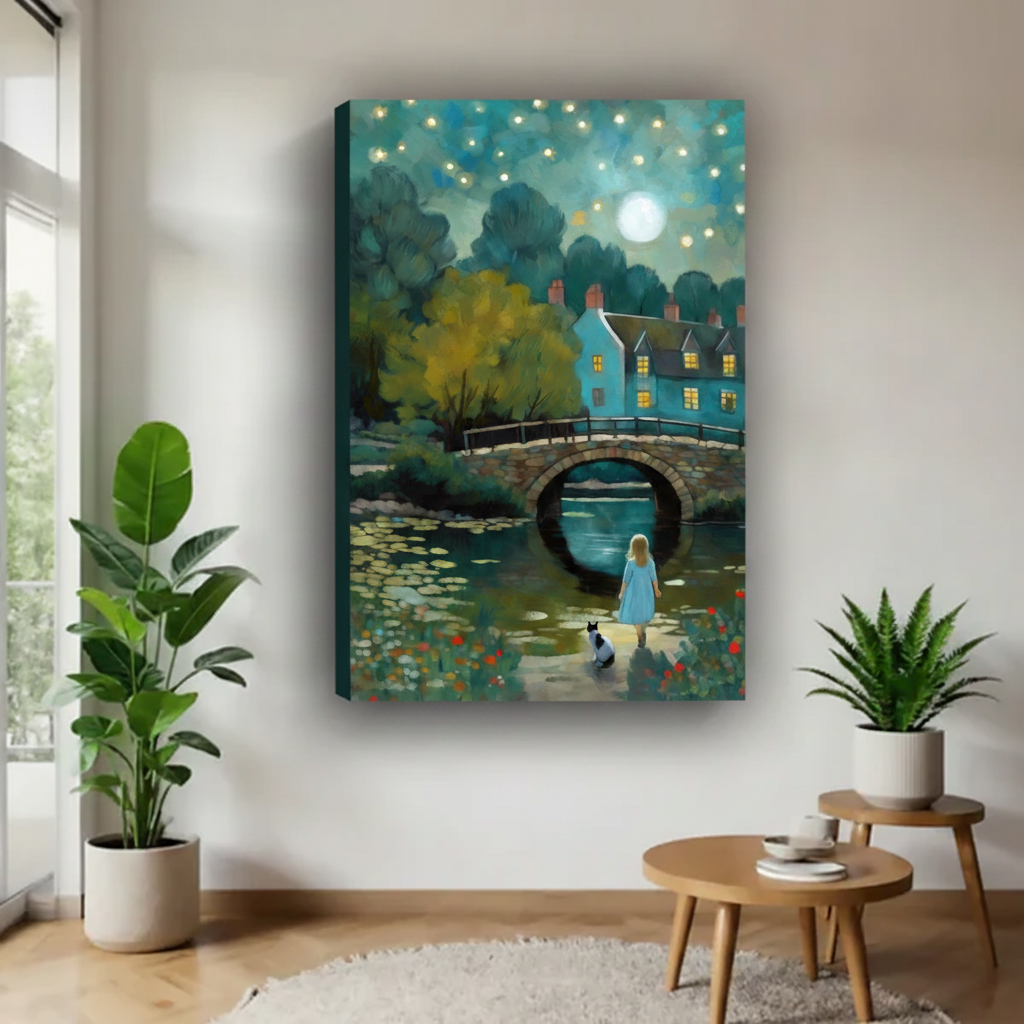 Moonlit girl and cat bridge fantasy canvas art print — unframed oil painting style, whimsical night scene wall decor