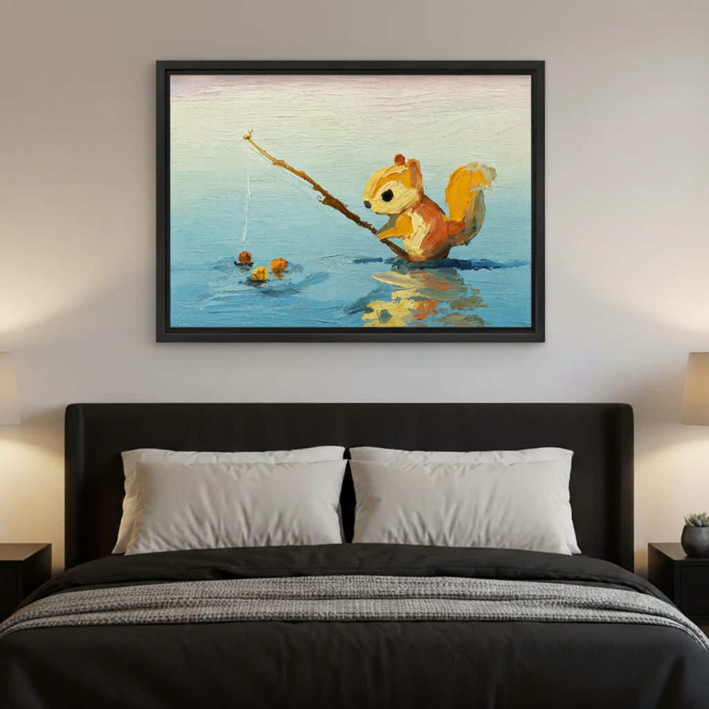 Funny squirrel fishing framed art print on white wall, modern home decor