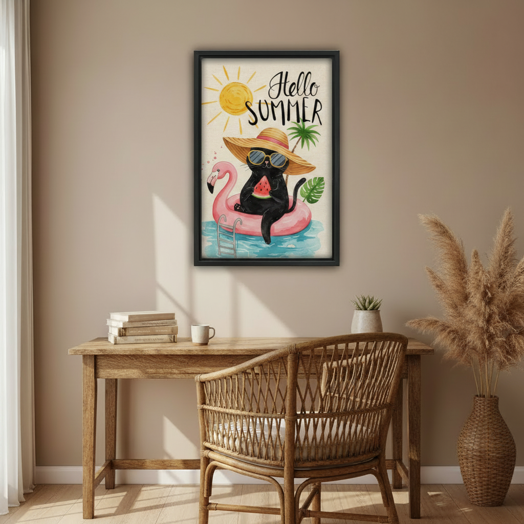 Fun black cat Hello Summer framed canvas print with flamingo pool ring and watermelon, colorful summer wall art