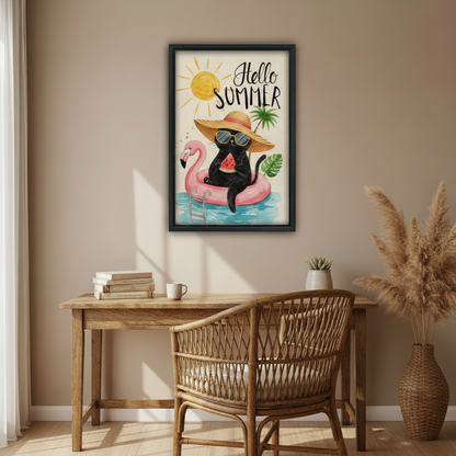 Fun black cat Hello Summer framed canvas print with flamingo pool ring and watermelon, colorful summer wall art
