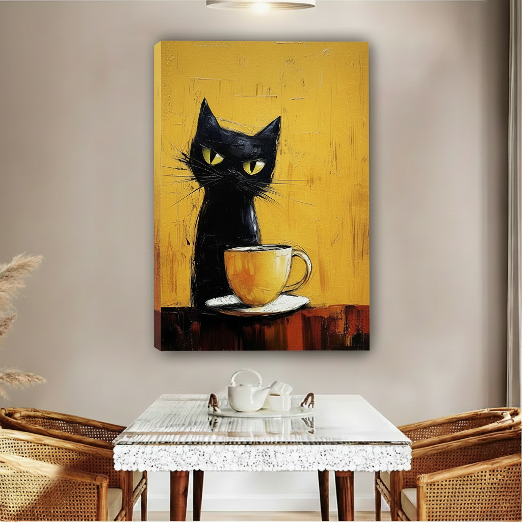 Black cat coffee cup canvas gallery wrap on white shelf, yellow expressionist wall art, frameless canvas print