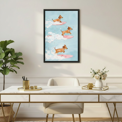 Cute dachshund surfing canvas art print, watercolor illustration of dogs riding waves, fun kids room wall decor