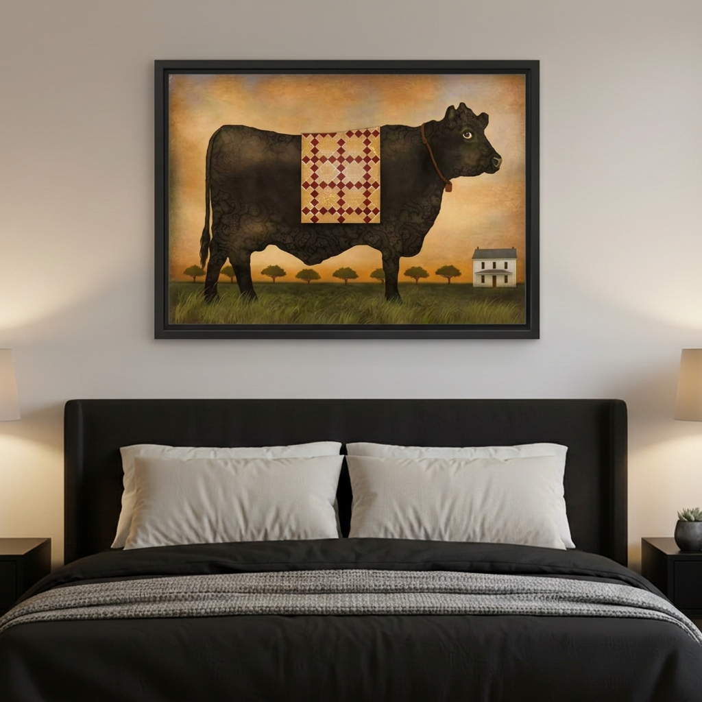 Rustic Folk Art Black Cow Canvas Wall Art | Framed & Unframed l4989