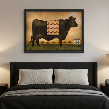 Rustic Folk Art Black Cow Canvas Wall Art | Framed & Unframed l4989