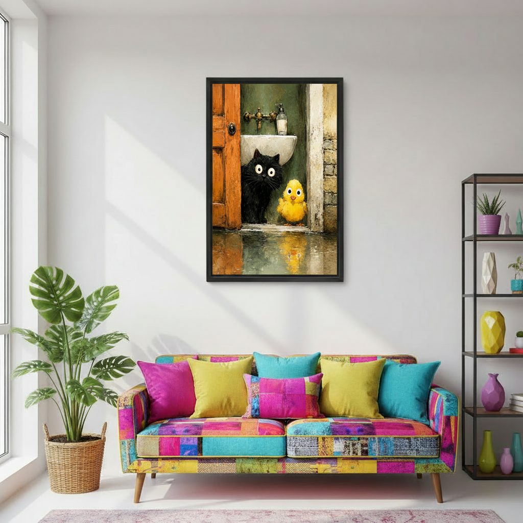Funny cat wall art print displayed in bright living room above colorful sofa