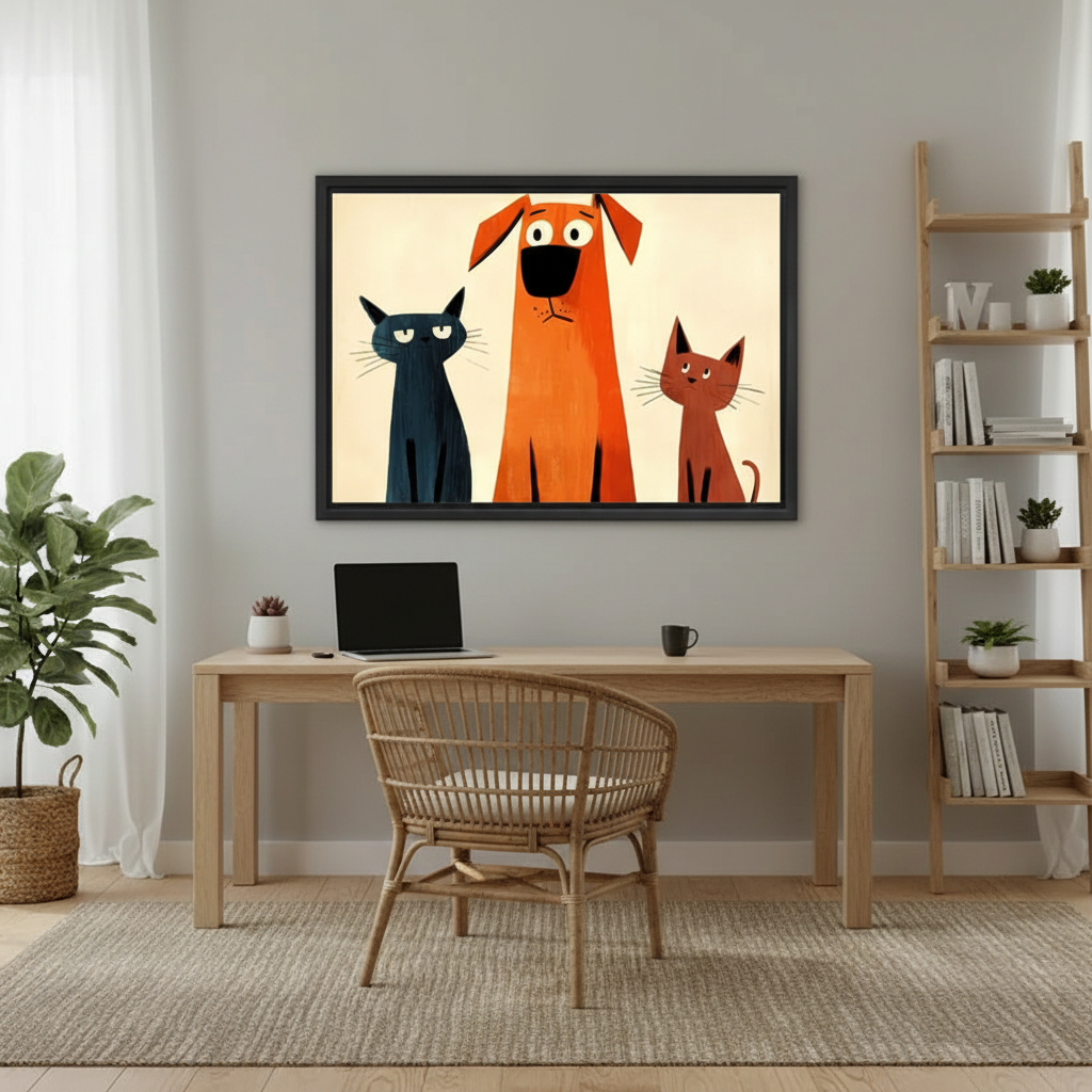 Retro Cat Dog Trio Funny Animal Wall Art Print l1999