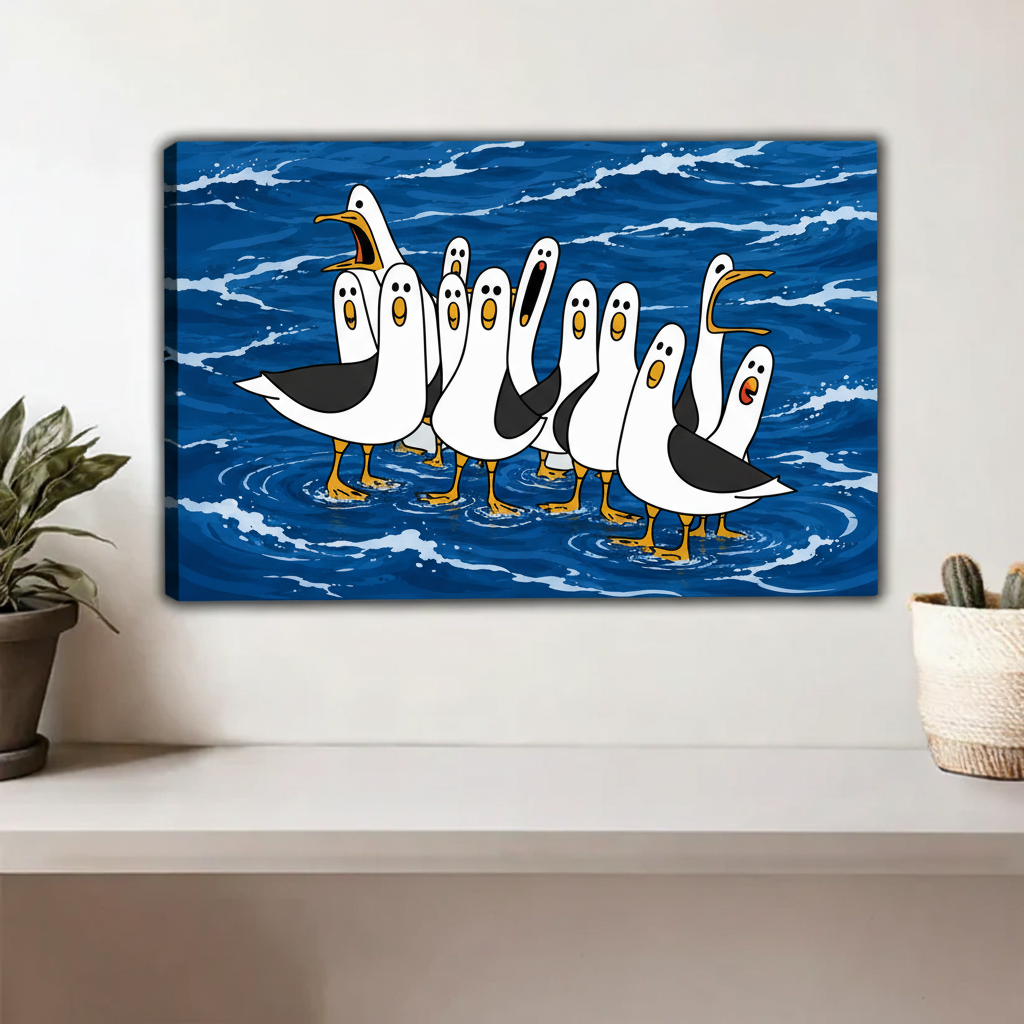 Gallery wrap canvas of whimsical seagull flock in blue ocean — coastal wall art decor