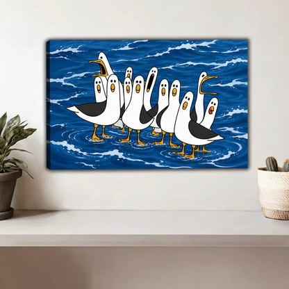 Gallery wrap canvas of whimsical seagull flock in blue ocean — coastal wall art decor