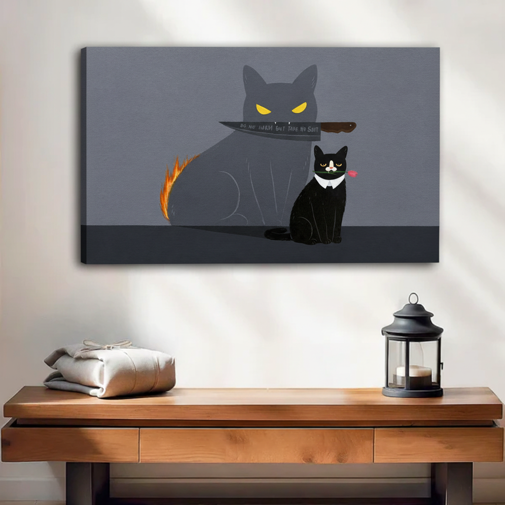 Black cat with menacing shadow and Do No Harm quote canvas art — gallery wrap print for edgy home decor