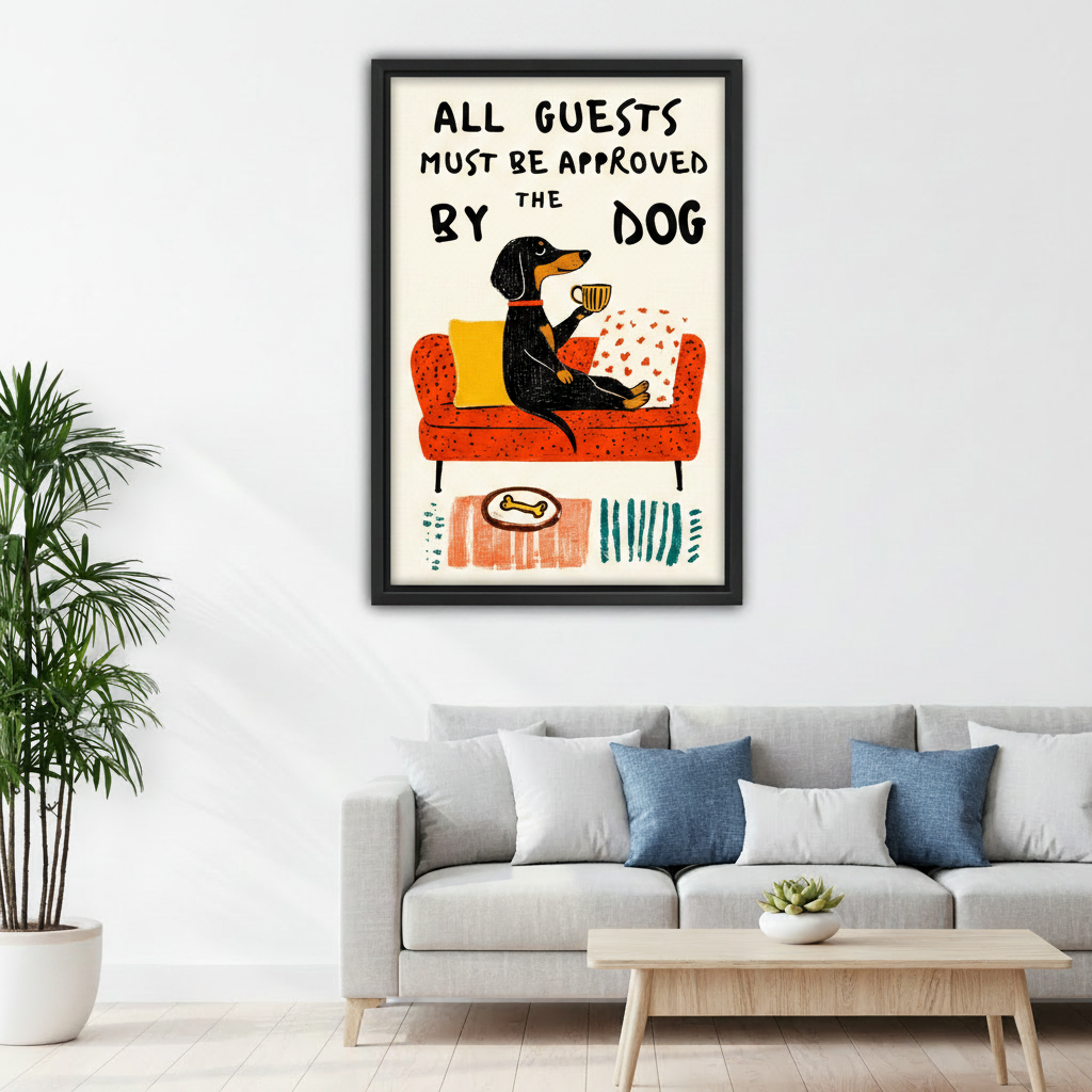 Funny dachshund framed wall art displayed in modern living room above sofa, dog quote home decor print