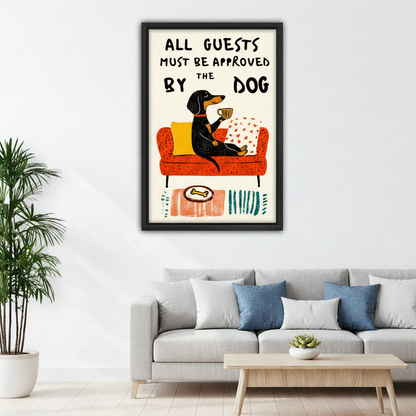Funny dachshund framed wall art displayed in modern living room above sofa, dog quote home decor print
