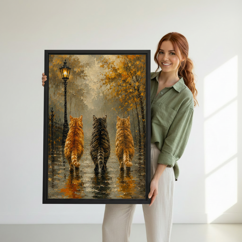 Three cats walking rainy cobblestone street framed canvas art print for home decor