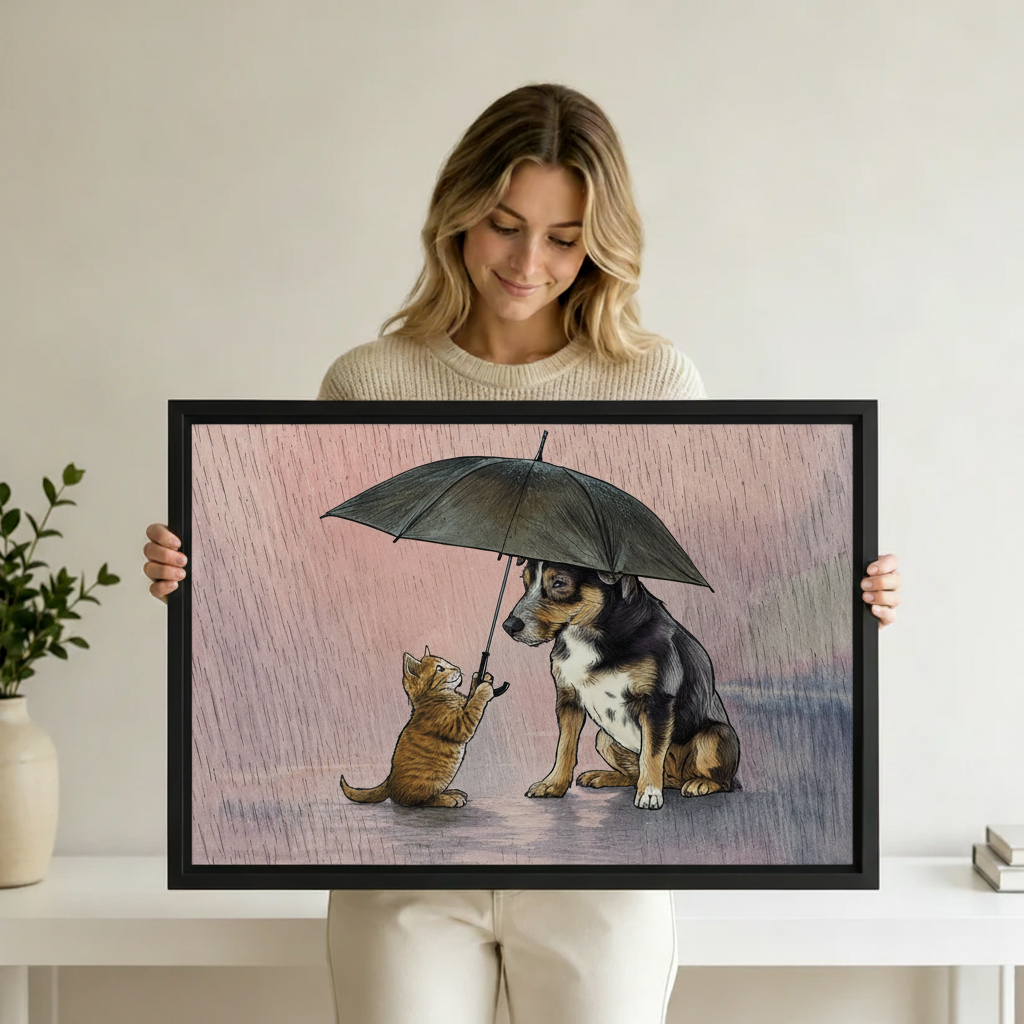 Cat and Dog Rainy Day Canvas Wall Art - Framed Animal Canvas for Modern Home Decor