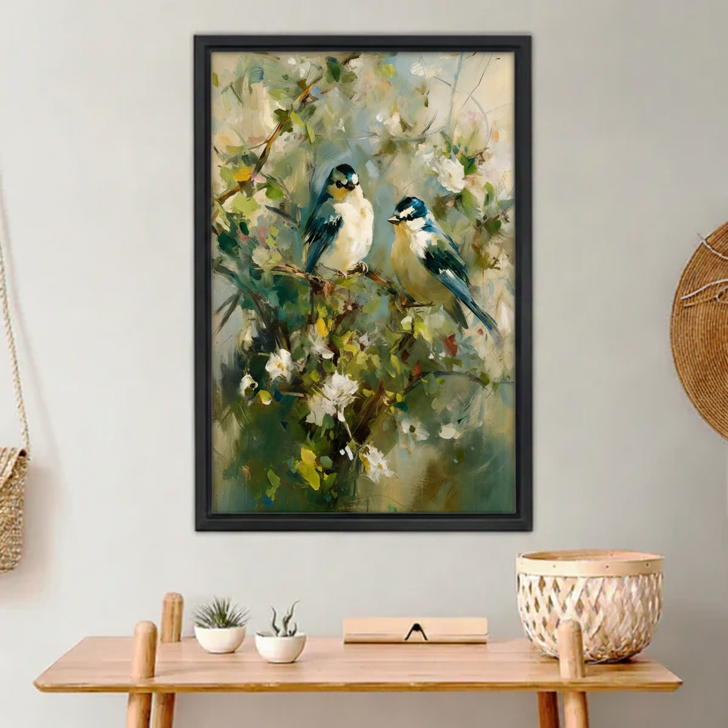 Blue tit birds framed wall art print, two birds perched on white flowering branches, impressionist oil style, black frame, entryway decor