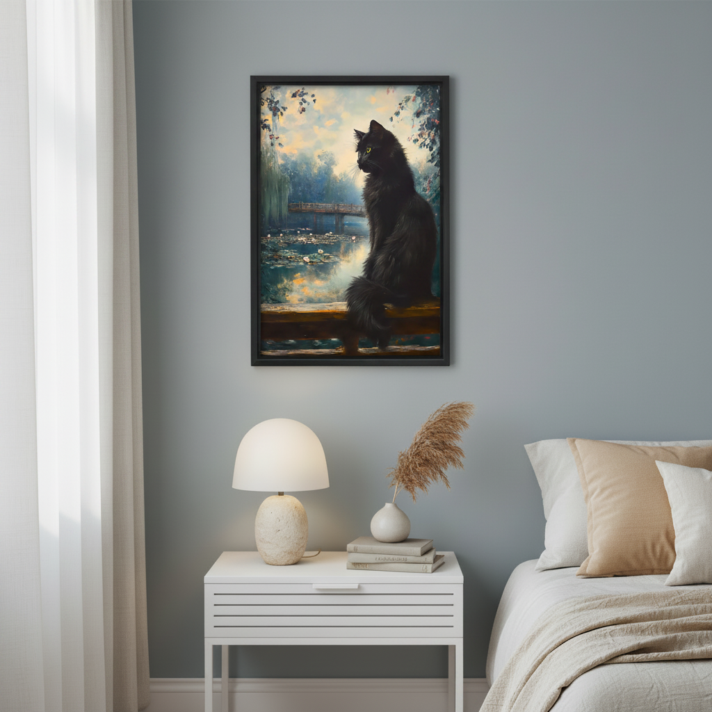 Black cat Monet garden canvas in black frame — serene nature oil painting style, perfect study or bedroom decor