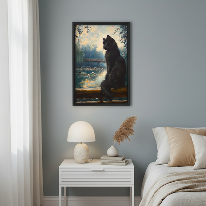 Black cat Monet garden canvas in black frame — serene nature oil painting style, perfect study or bedroom decor
