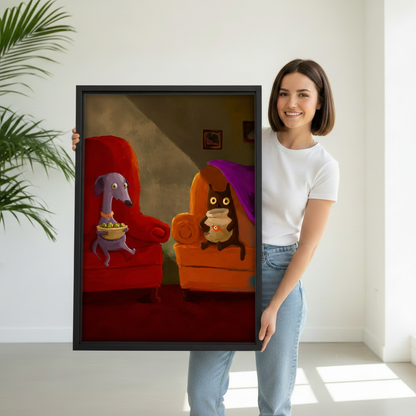 Woman holding funny dog cat movie night canvas wall art print, whimsical pet lover gift idea for cozy home decoration