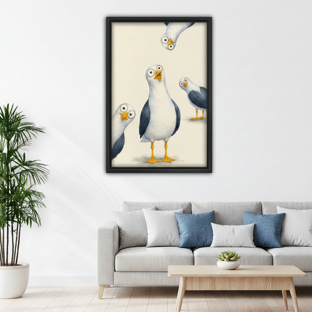 Humorous seagull canvas print wall decor with upside-down bird detail