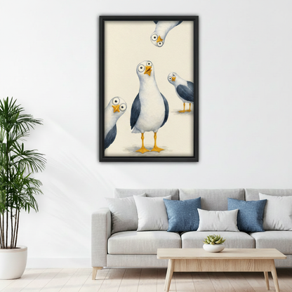 Humorous seagull canvas print wall decor with upside-down bird detail