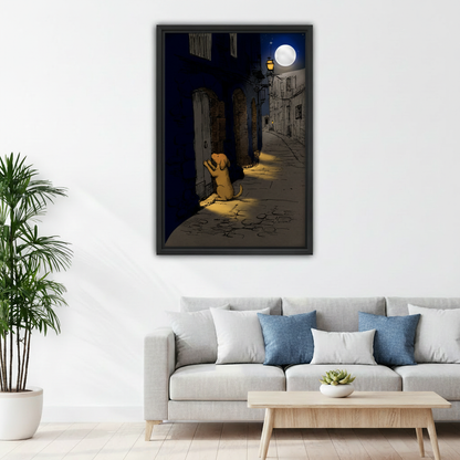 Dramatic moonlit dog knocking door framed canvas above living room sofa, golden puppy European alley night print, moody atmospheric home decor