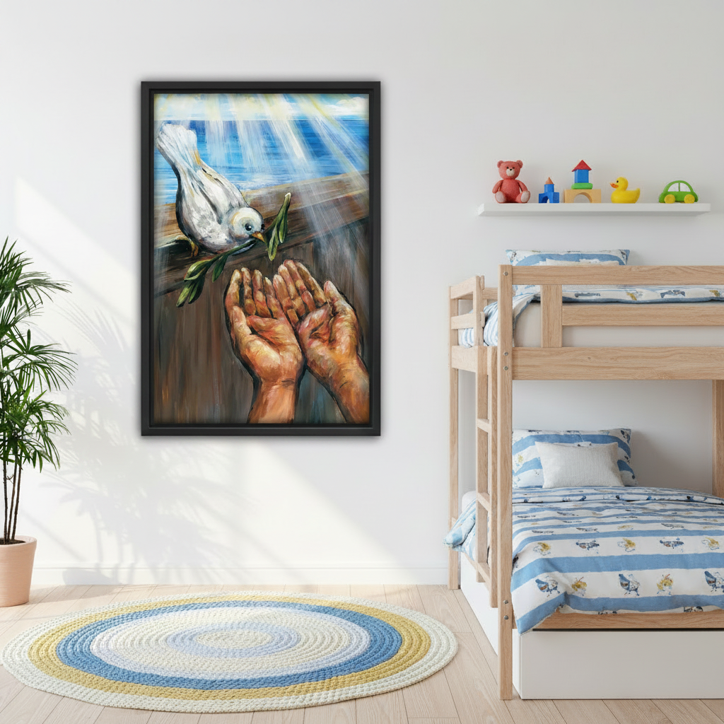 Spiritual white dove peace oil painting canvas print, black frame, bedroom wall art, dove olive branch inspirational home decor