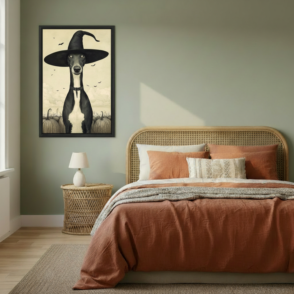 Gothic greyhound witch hat framed print in modern living room above white sofa — dark fantasy wall art
