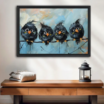Funny black birds on a wire oil painting framed canvas wall art above entryway console, whimsical bird lover home decor