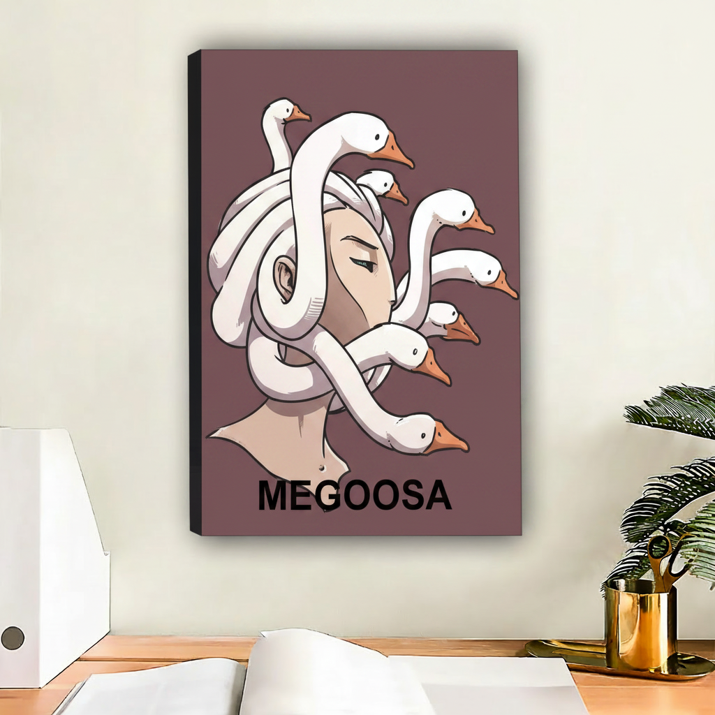 'Megoosa' Medusa goose canvas print displayed in living room – funny mythology wall art for contemporary spaces