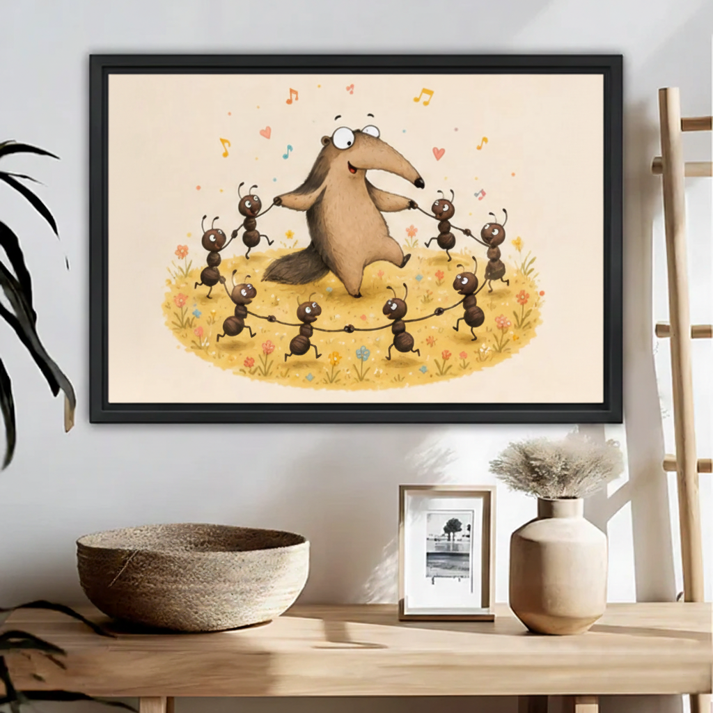 Funny anteater dancing with ants whimsical canvas wall art print, storybook illustration style