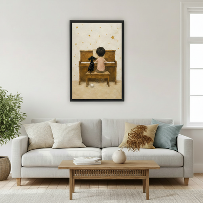 Boy and dachshund piano wall art framed canvas hanging in bedroom with gold stars