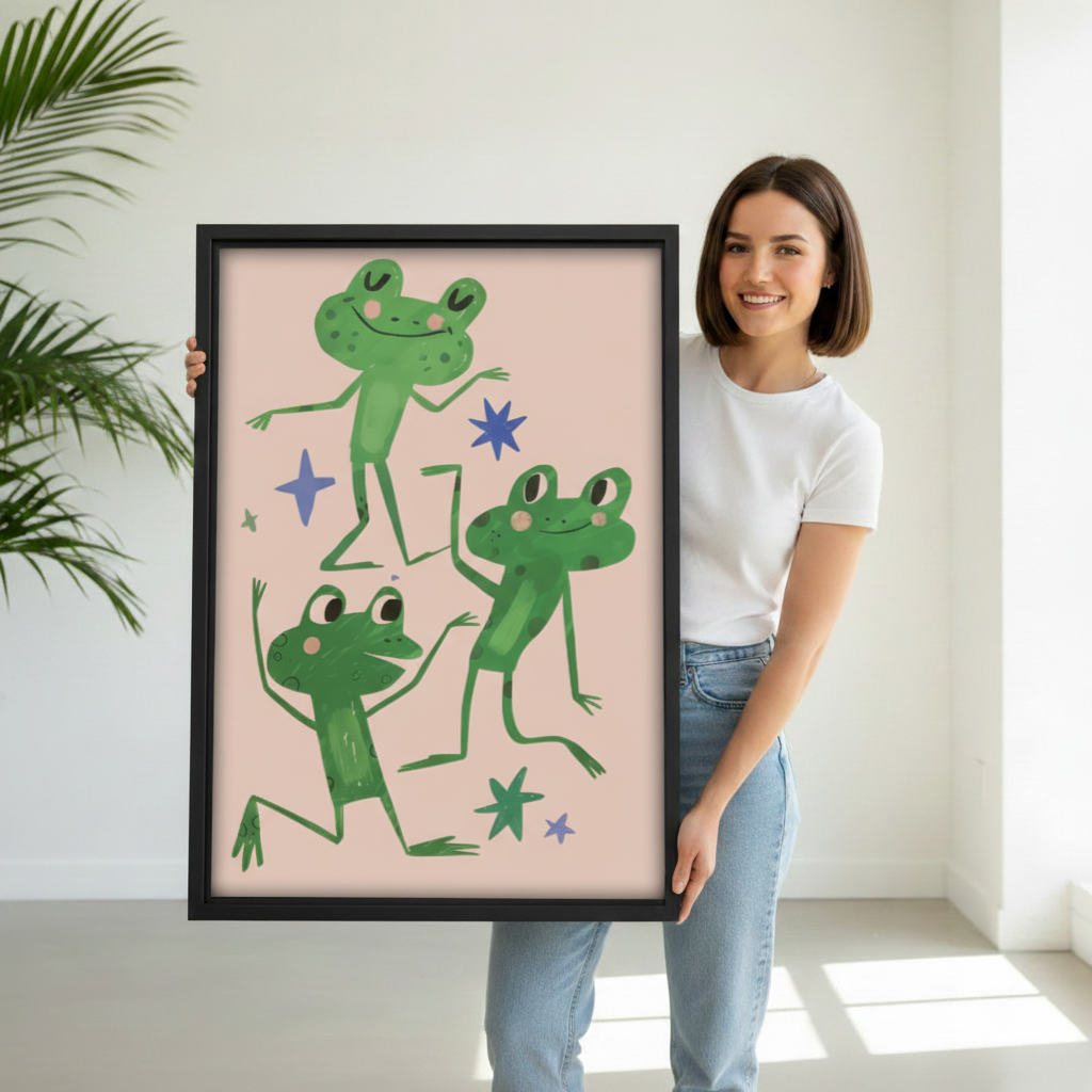 Woman holding dancing frogs cute canvas wall art print with black frame, white studio background